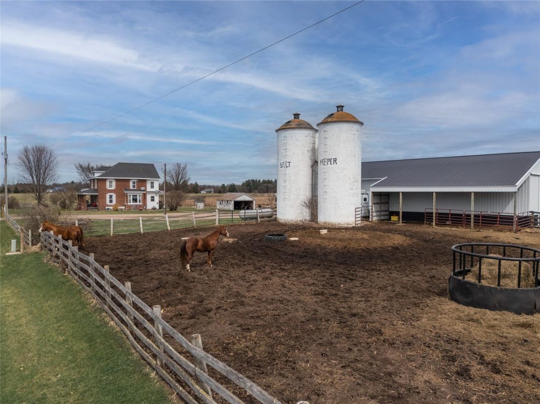 2003 23rd Street, Rice Lake WI 54868 - Horses in paddock with two painted silos labeled Salt and Pepper, and white metal barn - MLS #1598985 - image33